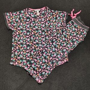 Pillow Talk 2 Pc Pajama Set Flamingoes Tropical Palm Fronds Women's Large NWT